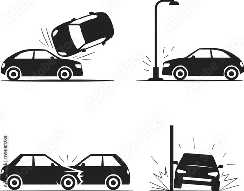 Car accident silhouettes collision crash damaged vehicles impact traffic safety danger insurance emergency road illustration black isolated warning
