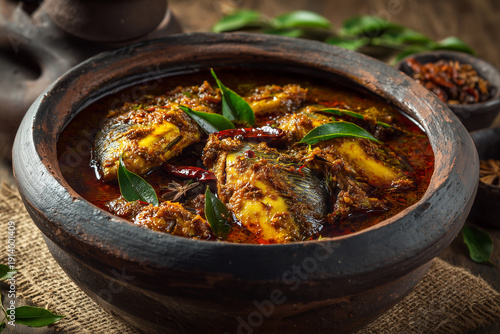 Fish ambul thiyal curry in clay pot with spices and fresh herbs
