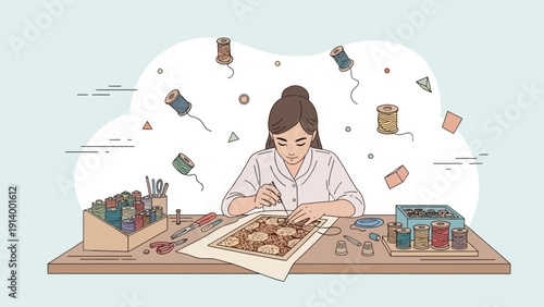 Creative woman focused on a handmade embroidery project.