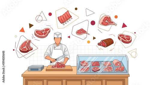 Butcher preparing fresh meat cuts in a shop.