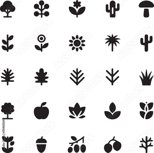 set of black silhouettes of plants and trees on white background