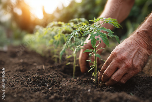 Hands planting tomato seedlings in soil during sunset in garden