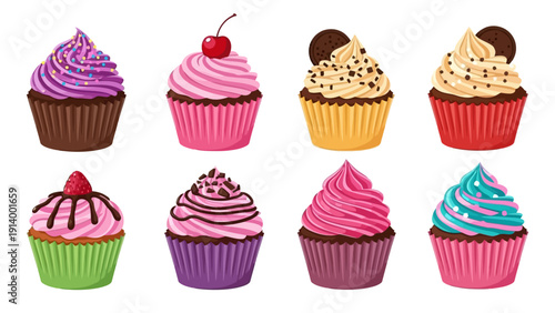 A collection of eight beautifully decorated cupcakes