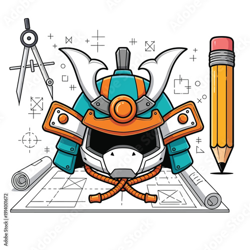 Modern Samurai Helmet Design Concept with Blueprint, Pencil, and Drafting Compass Illustration.