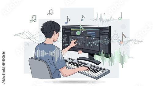 Young man producing music with a digital audio workstation and MIDI keyboard.