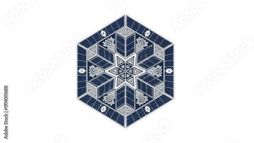 Geometric ornamental hexagon with tribal patterns on white background.