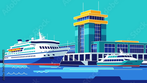 Vibrant illustration of cruise ship and ferry at a modern port terminal.