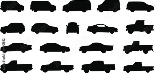 Car silhouettes collection transport automobile vehicle sedan coupe hatchback suv pickup van icons set