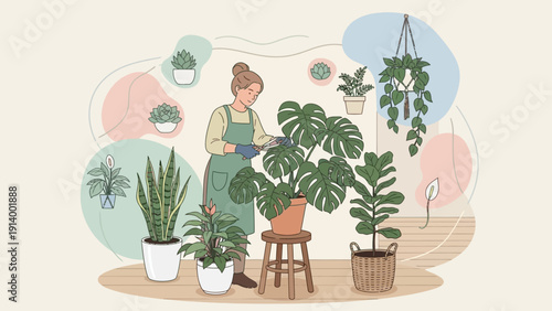 Woman pruning house plants indoors