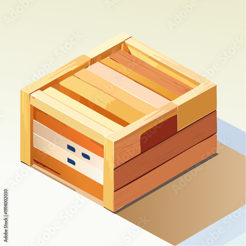 Isometric wooden crate on a light background with shadow