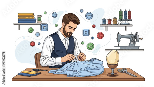 A skilled tailor carefully sews a button onto a light blue shirt in his workshop.