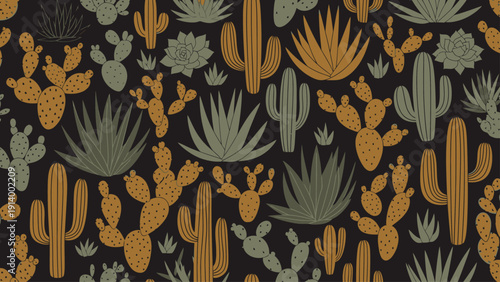 Seamless pattern of desert plants and cacti on black background.
