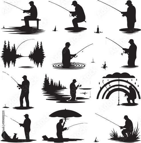 Silhouette of people fishing in various poses and environments  recreational activity