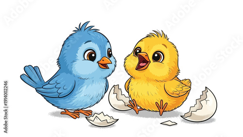 Cute blue bird and yellow chick just hatched, looking at each other happily.