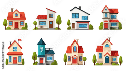 Set of cartoon houses with trees and bushes