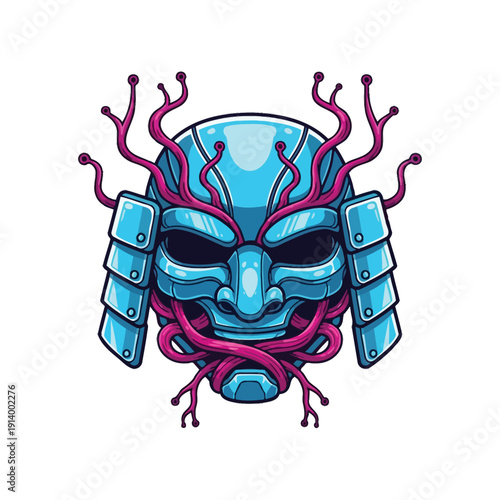 Futuristic Blue Samurai Mask Illustration with Pink Cybernetic Tentacles. Japanese Oni Warrior Helmet Vector Art.