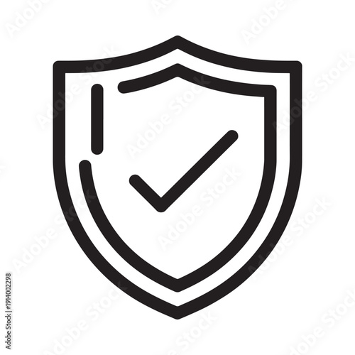 A black and white line drawing of a shield with a checkmark inside
