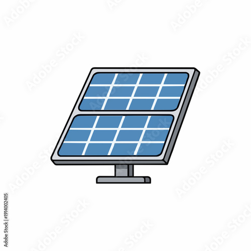 Blue solar panel system angled on a gray stand with white grid lines on a white background representing clean energy and sustainability in daylight