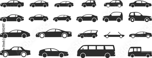 Car silhouettes collection vehicle types sedan hatchback coupe suv pickup van truck bus automobile illustration black isolated