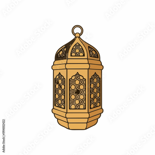 Ornate Golden Islamic Lantern with Intricate Geometric Patterns Isolated on White Background Decorative Illumination Symbol