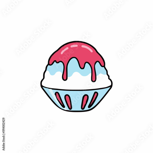 Pixel Art Shaved Ice Dessert with Pink Syrup Drizzle in a Clear Bowl on White Background Simple Refreshing Treat