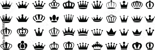 Crown silhouettes collection royal king queen luxury emblem symbol illustration black isolated decorative design graphic set