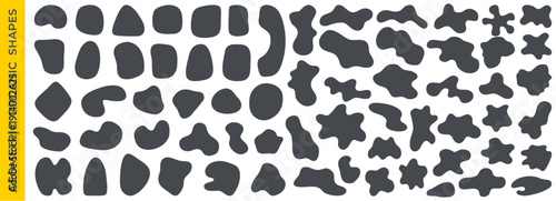 Big bundle of abstract fluid and geometric shapes. Irregular flat liquid ameba forms, wavy oval blobs, curved details, tags, stickers, smooth rectangle boxes