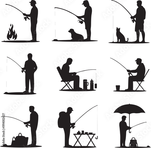 Silhouette of people fishing in various poses and settings outdoors recreational activity