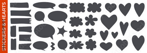A set of stickers, labels, and text boxes in the shape of banners, speech bubbles, pieces of tape, hearts, flowers, zigzags, stars, and rectangles with wavy edges