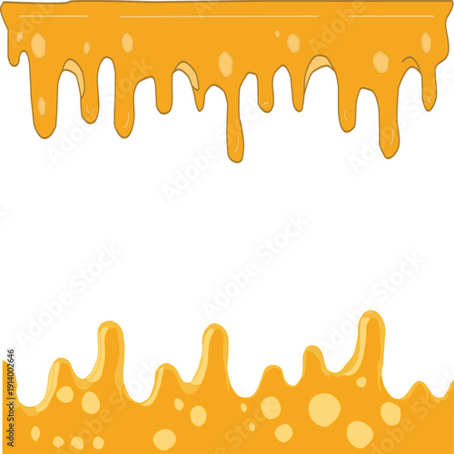 Melting cheese drip background. Smooth cheddar sauce pattern. Minimal liquid dairy splash texture for food design. Tasty snack topping abstract illustration wallpaper.