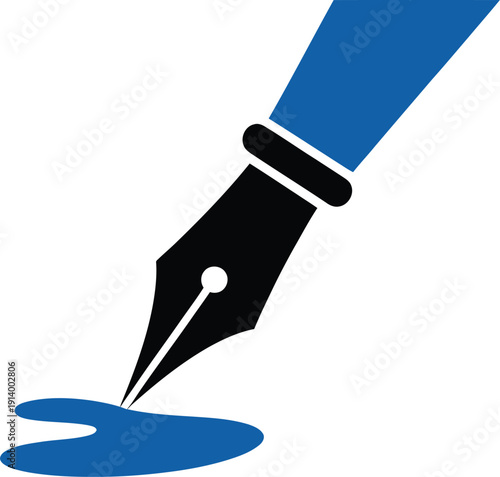 Fountain pen nib writing with blue ink splatter icon