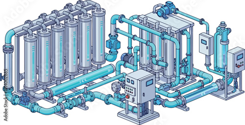 Industrial water treatment system illustration showing filtration process and machinery components in a technical viewpoint