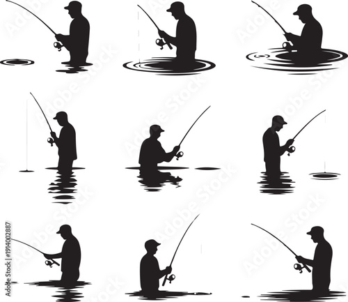 Silhouette of a man fishing in various poses in water