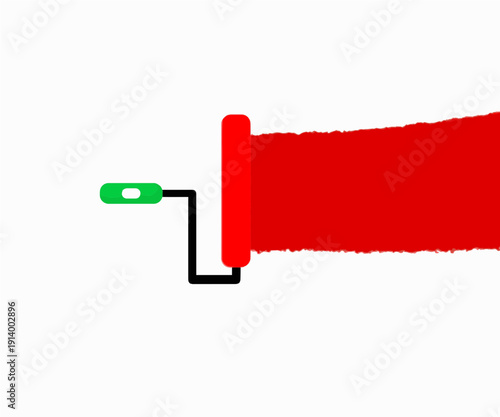 paint roller brush, Paint roller icon with red paint stroke on white background, home renovation and interior wall decorating service concept