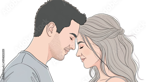 Close couple share a tender moment with foreheads touching in a romantic portrait.