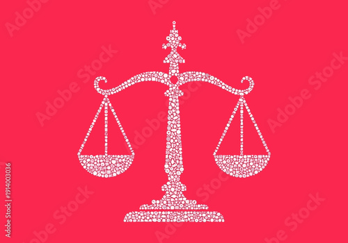 Scales of justice with balanced weights on red background