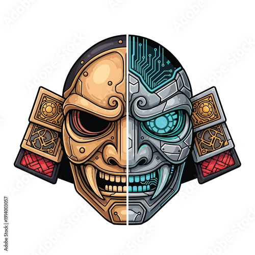 Dual Cyber Samurai Mask Vector. Traditional Japanese Oni warrior face merged with futuristic robotic cyborg head illustration.
