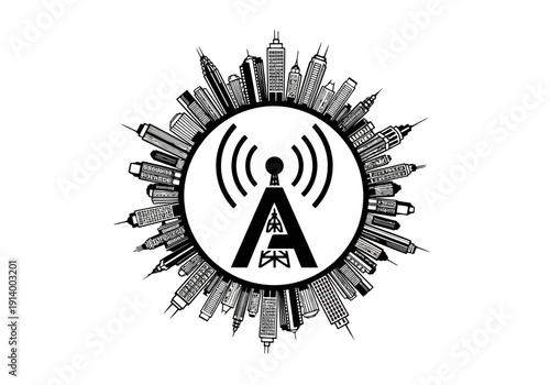 Modern cityscape with radio tower broadcasting signal