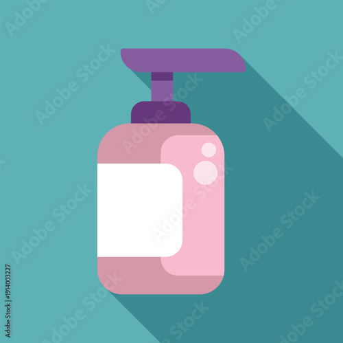 Pink pump bottle dispensing lotion or liquid soap with flat design and long shadow