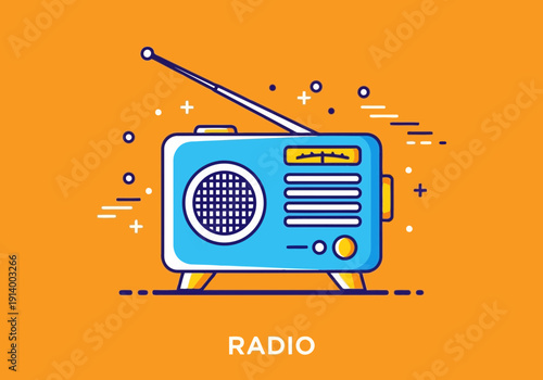 Vintage radio with antenna on bright orange background