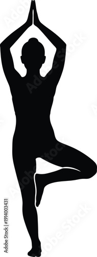 A serene silhouette of a person practicing yoga in a tree pose against a white background.