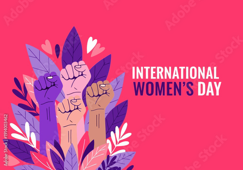 Empowering women on International Women's Day with raised fists and floral elements