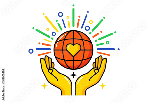 Vibrant hands cradling a heartwarming globe with colorful rays