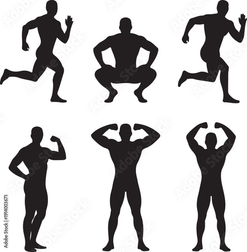 set of athletic male silhouettes in various poses and exercises