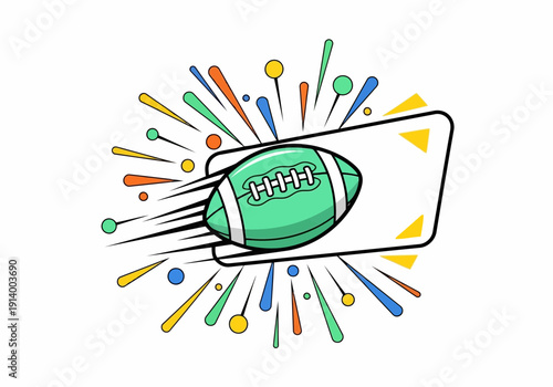 Dynamic green football speeding through a vibrant explosion of colorful shapes