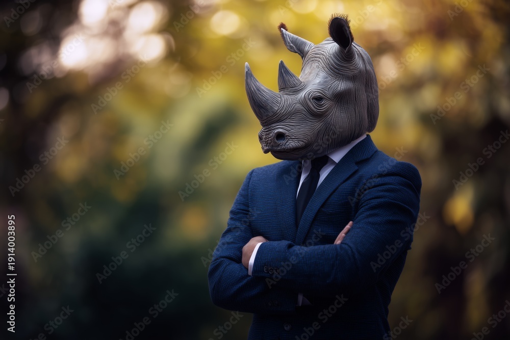 Obraz premium Rhino in Business Suit: Strength and Strategy. A suited man with a rhino head confidently poses in a forest setting during early autumn