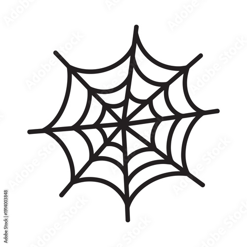 A simple black and white illustration of a classic spiderweb design