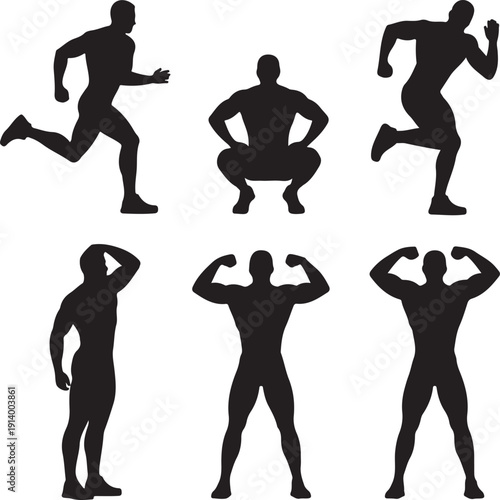 set of black silhouette men exercising and running in various poses