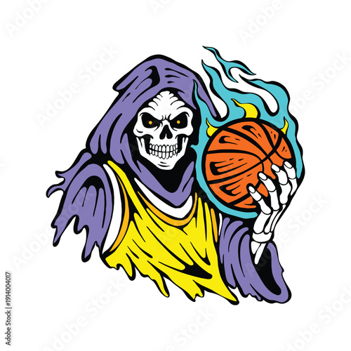 Vintage grim reaper illustration holding a basketball and wearing a yellow jersey. Bold retro style, perfect for t shirt or merchandise design. Fully editable colors, vector ready.