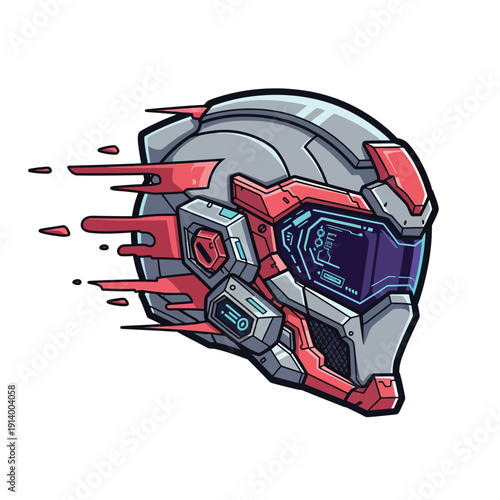 High-Speed Futuristic Cyberpunk Helmet Vector Illustration. Sci-Fi Racing or Gaming Logo Design with HUD Visor and Motion Trails.